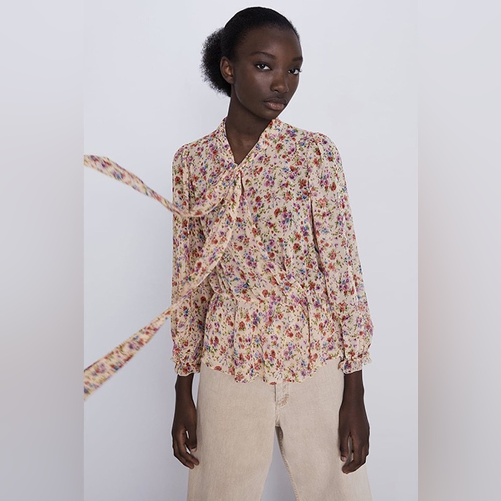 Zara Floral Tie-Neck Peplum Blouse NWOT